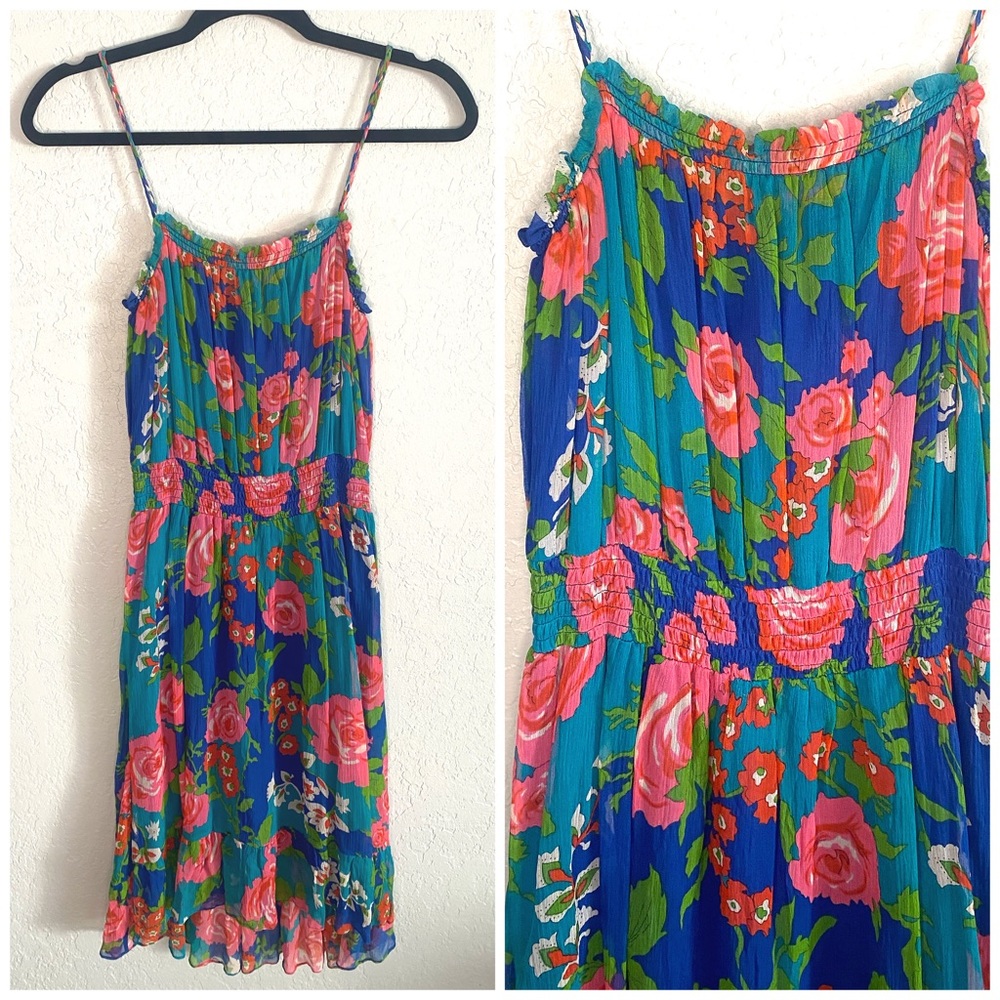 Ella Moss Rosa Blue and pink rose spaghetti strap midi dress